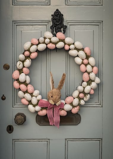 Egg wreath with bunny rabbit and ribbon
