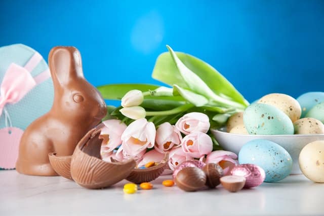Chocolate Easter bunny and eggs